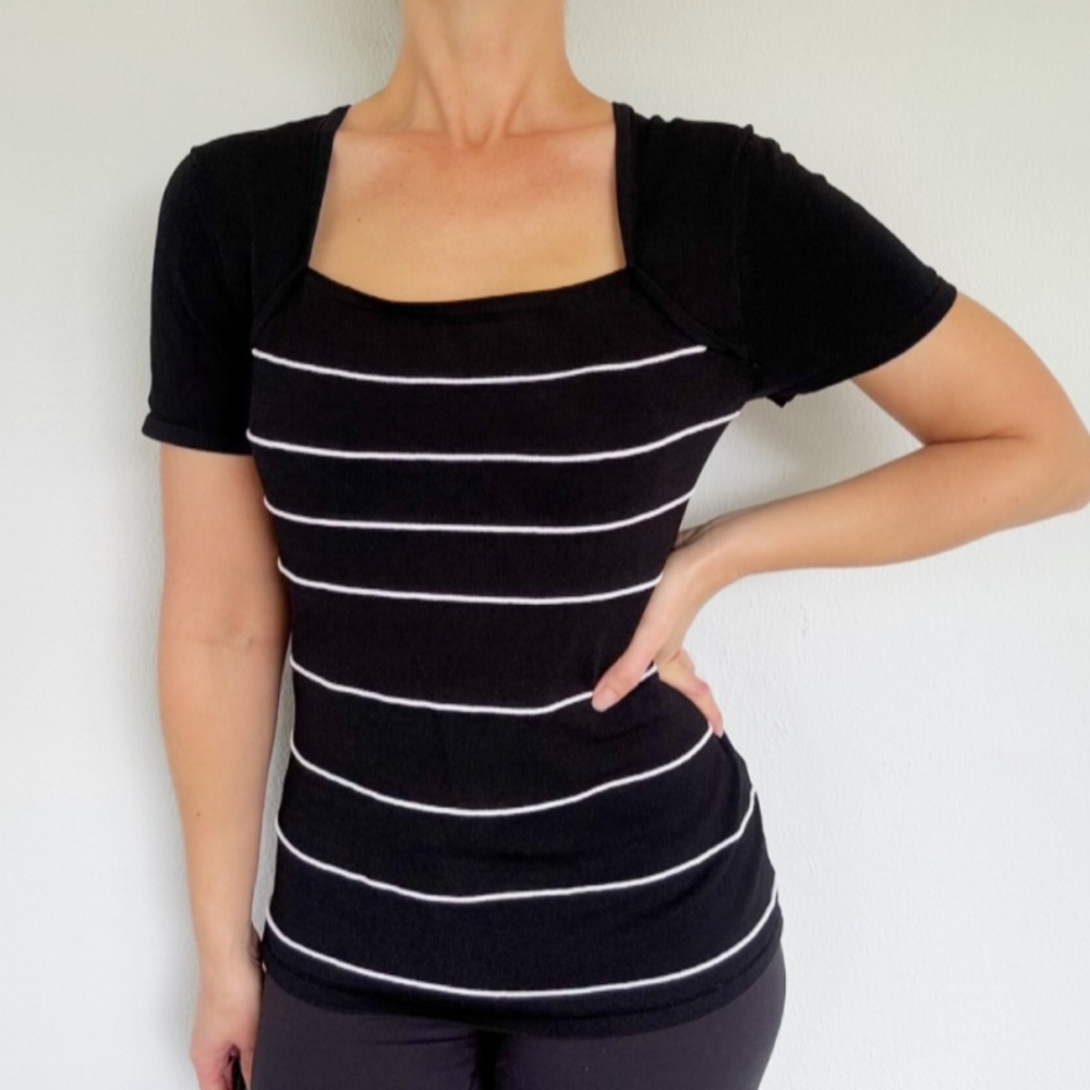 Cable & Gauge black white stripe square neck short sleeve sweater top medium